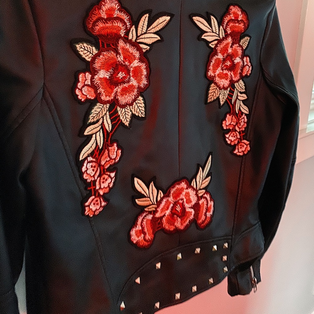 Studded floral leather/biker jacket